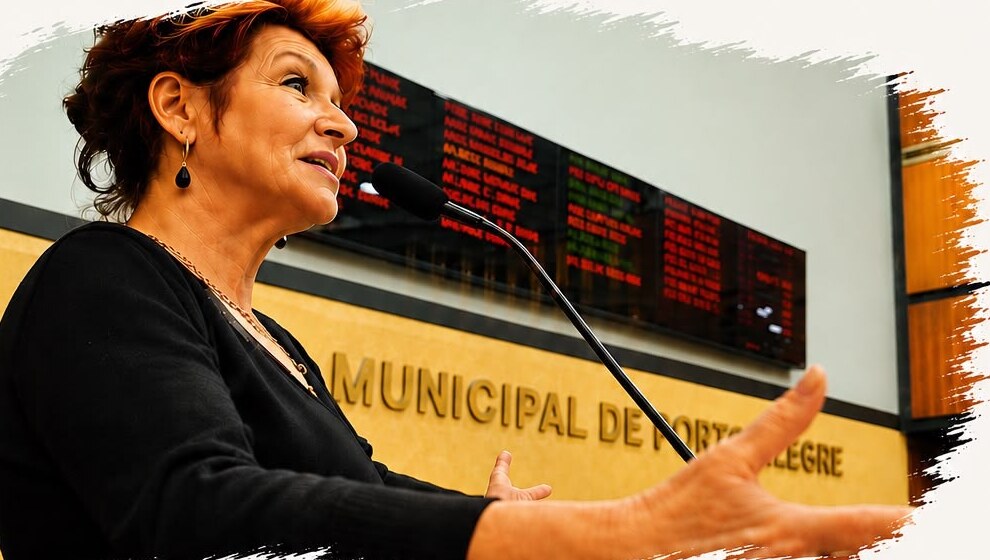 Bia Piccoli discursando na tribuna da Câmara Municipal de Porto Alegre